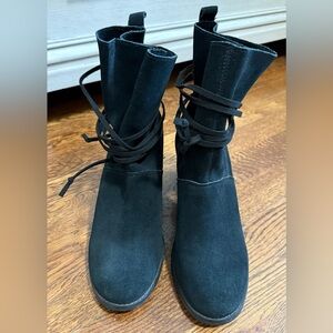 TOMS Mila Wrap Around Tie Ankle Black Suede Block Heel Bootie Sz 8